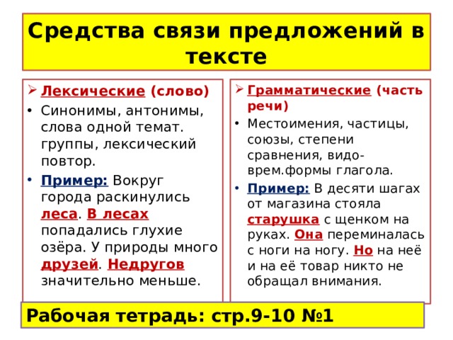 Средства связи предложений в тексте Лексические (слово) Грамматические (часть речи) Синонимы, антонимы, слова одной темат. группы, лексический повтор. Местоимения, частицы, союзы, степени сравнения, видо-врем.формы глагола. Пример: Вокруг города раскинулись леса . В лесах попадались глухие озёра. У природы много друзей . Недругов значительно меньше. Пример: В десяти шагах от магазина стояла старушка с щенком на руках. Она переминалась с ноги на ногу. Но на неё и на её товар никто не обращал внимания. Рабочая тетрадь: стр.9-10 №1 
