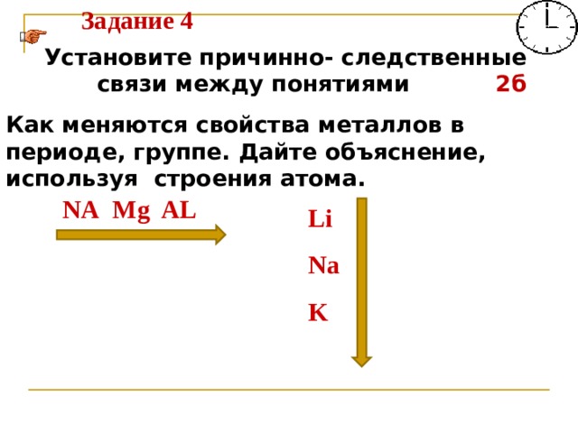 Задание 4 Установите причинно- следственные связи между понятиями 2б Как меняются свойства металлов  в периоде, группе. Дайте объяснение, используя строения атома.   NA  Mg  AL Li Na K 