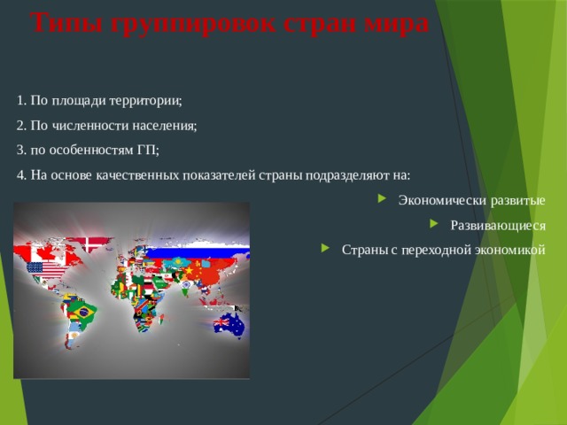 Типы группировок стран мира 1. По площади территории; 2. По численности населения; 3. по особенностям ГП; 4. На основе качественных показателей страны подразделяют на: Экономически развитые Развивающиеся Страны с переходной экономикой 