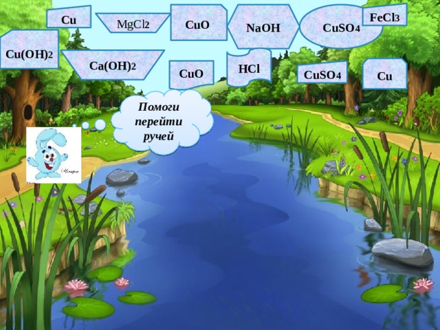 FeCl 3 CuO NaOH CuSO 4 Cu MgCl 2 Cu(OH) 2 HCl Ca(OH) 2 Cu СuO CuSO 4 Помоги перейти ручей 