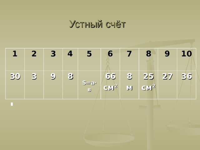 Устный счёт 1 2 30 3 3  4 9 8  5 6  S= а ·  в 66 см 2 7 8 8 м 25 см 2 9 27 10 36  