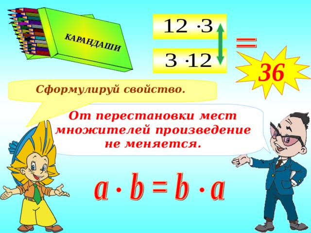 КАРАНДАШИ  КАРАНДАШИ  36 Сформулируй свойство. От перестановки мест множителей произведение не меняется. 