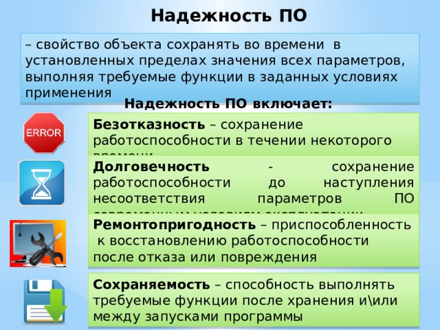 Надежность ПО – свойство объекта сохранять во времени в установленных пределах значения всех параметров, выполняя требуемые функции в заданных условиях применения Надежность ПО включает: Безотказность – сохранение работоспособности в течении некоторого времени Долговечность - сохранение работоспособности до наступления несоответствия параметров ПО современным условиям эксплуатации Ремонтопригодность – приспособленность к восстановлению работоспособности после отказа или повреждения Сохраняемость – способность выполнять требуемые функции после хранения и\или между запусками программы 