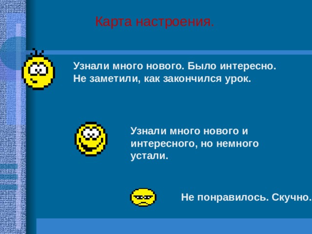 Карта настроения. Узнали много нового. Было интересно. Не заметили, как закончился урок. Узнали много нового и интересного, но немного устали. Не понравилось. Скучно. 