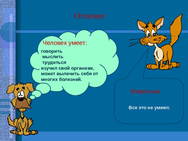 Отличие: Человек умеет: говорить  мыслить  трудиться изучил свой организм, может вылечить себя от многих болезней. Животные Все это не умеют. 