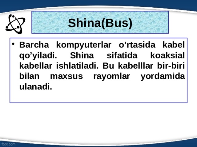 Shina(Bus) Barcha kompyuterlar o’rtasida kabel qo’yiladi. Shina sifatida koaksial kabellar ishlatiladi. Bu kabelllar bir-biri bilan maxsus rayomlar yordamida ulanadi. 6 