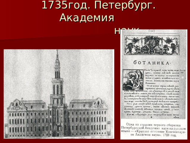  1735год. Петербург. Академия  наук. 