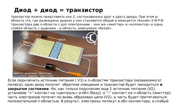 Диод + диод = транзистор транзистор можно представить как 2, состыкованных друг к другу диода. При этом p-область (та, где размещены дырки) у них становится общей и именуется «базой».У N-P-N транзистора две n-области с доп электронами – они же «эмиттер» и «коллектор» и одна, слабая область с дырками – p-область, именуемая «базой». Если подключить источник питания ( V1) к n-областям транзистора (независимо от полюса), один диод получит обратное смещение и транзистор будет находиться  в закрытом состоянии . Но, как только подключим еще 1 источник питания (V2), установив 