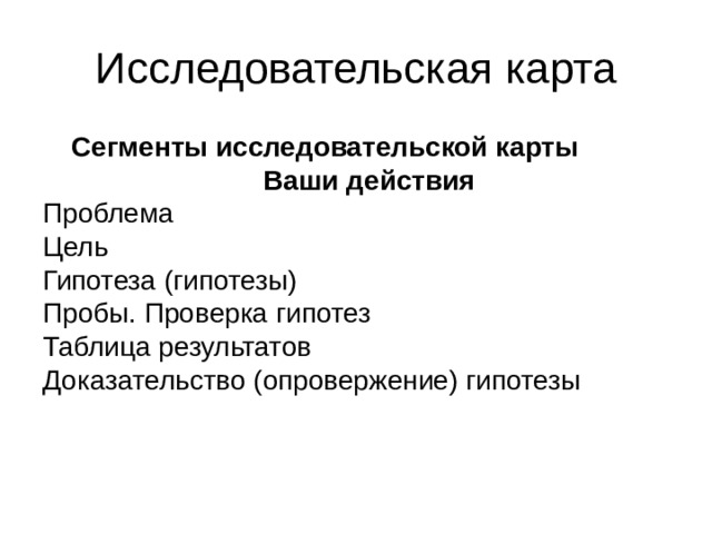 Сегменты исследовательской карты  Ваши действия Проблема    Цель    Гипотеза (гипотезы)    Пробы. Проверка гипотез    Таблица результатов    Доказательство (опровержение) гипотезы    