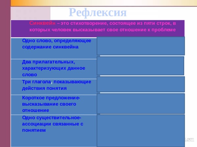 Рефлексия Синквей н – это стихотворение, состоящее из пяти строк, в которых человек высказывает свое отношение к проблеме Одно слово, определяющее содержание синквейна Степень окисления Два прилагательных,  характеризующих данное  слово Положительная, отрицательная Три глагола , показывающие действия понятия Таит секреты, объединяет, помогает Короткое предложение- высказывание своего отношение Важная характеристика состояния атома в молекуле Одно существительное- ассоциации связанные с понятием Формула 