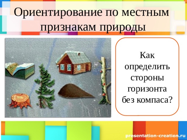 Ориентирование по местным  признакам природы Как определить стороны горизонта без компаса? 