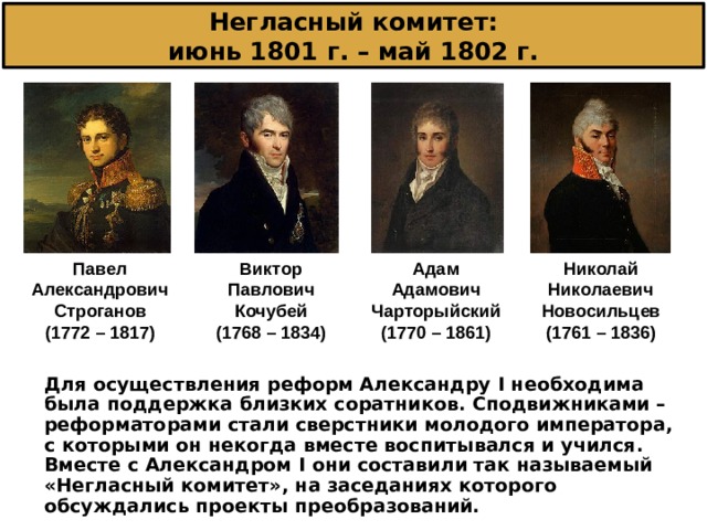 Негласный комитет:  июнь 1801 г. – май 1802 г. Павел Александрович Строганов (1772 – 1817) Виктор Павлович Кочубей (1768 – 1834) Адам Адамович Чарторыйский (1770 – 1861) Николай Николаевич Новосильцев (1761 – 1836)   Для осуществления реформ Александру I необходима была поддержка близких соратников. Сподвижниками – реформаторами стали сверстники молодого императора, с которыми он некогда вместе воспитывался и учился. Вместе с Александром I они составили так называемый «Негласный комитет», на заседаниях которого обсуждались проекты преобразований. 