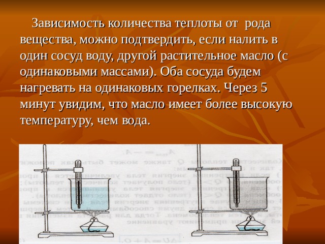 Зависимость количества теплоты от рода вещества, можно подтвердить, если налить в один сосуд воду, другой растительное масло (с одинаковыми массами). Оба сосуда будем нагревать на одинаковых горелках. Через 5 минут увидим, что масло имеет более высокую температуру, чем вода. 