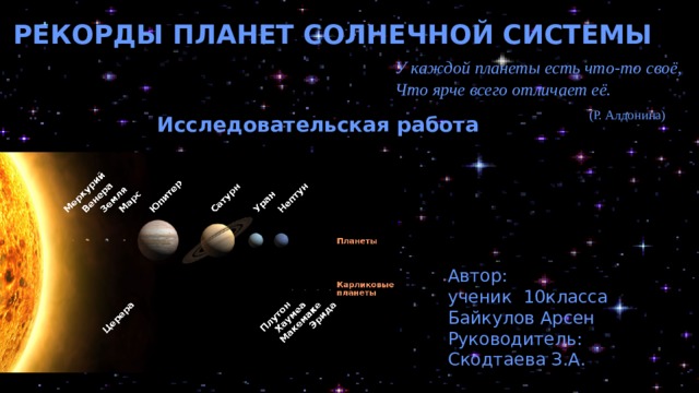 РЕКОРДЫ ПЛАНЕТ СОЛНЕЧНОЙ СИСТЕМЫ  У каждой планеты есть что-то своё, Что ярче всего отличает её. (Р. Алдонина) Исследовательская работа  Автор: ученик 10класса Байкулов Арсен Руководитель: Скодтаева З.А.  