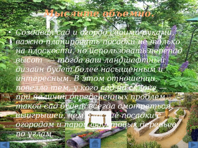 Мыслите объемно.   Создавая сад и огород своими руками, важно планировать посадки не только на плоскости, но использовать перепад высот  — тогда ваш ландшафтный дизайн будет более насыщенным и интересным. В этом отношении, повезло тем, у кого сад на склоне — при наличии определенных проблем, такой сад будет всегда смотреться выигрышей, чем плоские посадки с огородом и парой фруктовых деревьев по углам. 