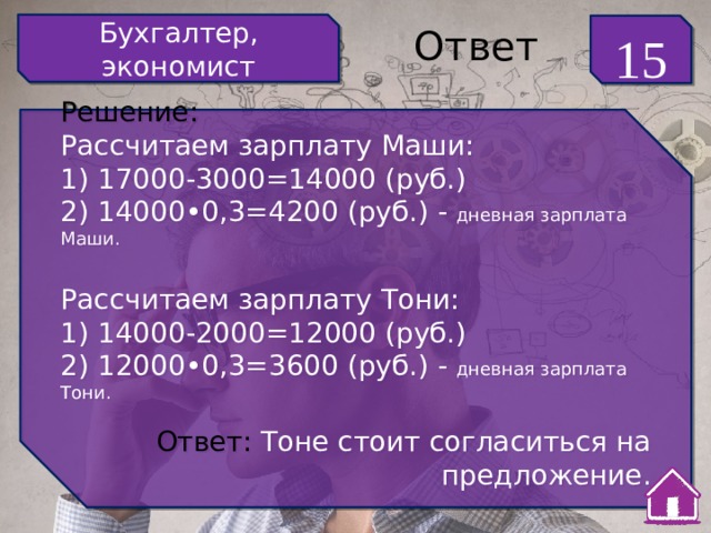 Бухгалтер, экономист 15 Ответ Решение: Рассчитаем зарплату Маши: 1) 17000-3000=14000 (руб.) 2) 14000•0,3=4200 (руб.) - дневная зарплата Маши. Рассчитаем зарплату Тони: 1) 14000-2000=12000 (руб.) 2) 12000•0,3=3600 (руб.) - дневная зарплата Тони. Ответ: Тоне стоит согласиться на предложение. 