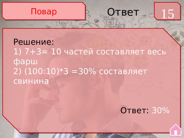 Повар 15 Ответ Решение: 1) 7+3= 10 частей составляет весь фарш 2) (100:10)*3 =30% составляет свинина Ответ: 30% 
