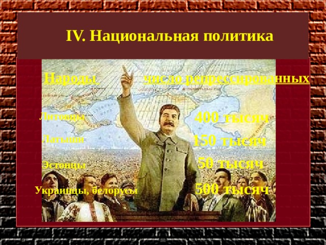 IV. Национальная политика Народы  число репрессированных 400 тысяч Литовцы 150 тысяч Латыши 50 тысяч Эстонцы 500 тысяч Украинцы, белорусы 