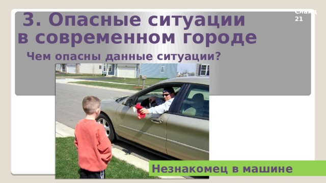 3. Опасные ситуации в современном городе Слайд 21 Чем опасны данные ситуации? Незнакомец в машине 