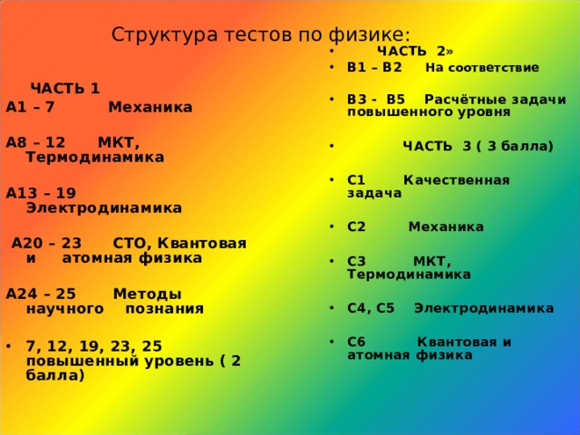 Структура тестов по физике:  ЧАСТЬ 2» В1 – В2 На соответствие  В3 - В5 Расчётные задачи повышенного уровня   ЧАСТЬ 3 ( 3 балла)  С1 Качественная  задача  С2 Механика  С3 МКТ,  Термодинамика  С4, С5 Электродинамика  С6 Квантовая и атомная физика   ЧАСТЬ 1 А1 – 7 Механика  А8 – 12 МКТ,  Термодинамика  А13 – 19 Электродинамика   А20 – 23 СТО, Квантовая и атомная физика  А24 – 25 Методы научного познания  7, 12, 19, 23, 25 повышенный уровень ( 2 балла) 