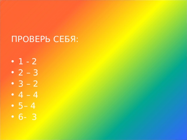 ПРОВЕРЬ СЕБЯ: 1 - 2 2 – 3 3 – 2 4 – 4 5– 4 6- 3 