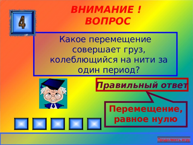 Перемещение, равное нулю ВНИМАНИЕ ! ВОПРОС Какое перемещение совершает груз, колеблющийся на нити за один период? Правильный ответ Продолжить игру 28 