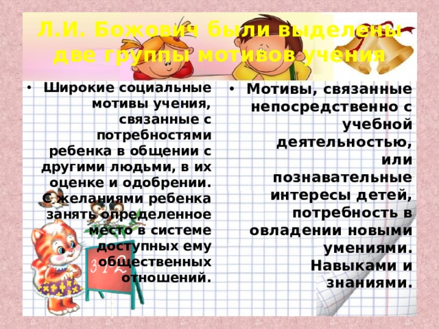 Л.И. Божович были выделены две группы мотивов учения Широкие социальные мотивы учения, связанные с потребностями ребенка в общении с другими людьми, в их оценке и одобрении. С желаниями ребенка занять определенное место в системе доступных ему общественных отношений. Мотивы, связанные непосредственно с учебной деятельностью, или познавательные интересы детей, потребность в овладении новыми умениями. Навыками и знаниями. 