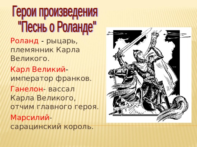Роланд -  рыцарь, племянник Карла Великого. Карл Великий -  император франков. Ганелон - вассал Карла Великого, отчим главного героя. Марсилий - сарацинский король. 