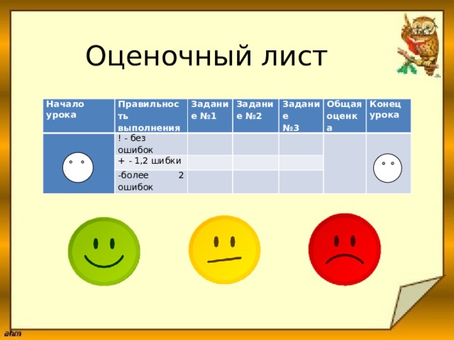 Оценочный лист Начало урока Правильность  выполнения Задание №1   ! - без ошибок + - 1,2 шибки Задание №2     -более 2 ошибок   Задание   Общая оценка № 3             Конец урока   