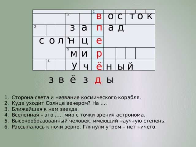 к о т с о в 3 2 1   4 6 5     д а п з а с о л н ц е м и р у ы й ч н ё з в ё з д ы Сторона света и название космического корабля. Куда уходит Солнце вечером? На …. Ближайшая к нам звезда. Вселенная – это ….. мир с точки зрения астронома. Высокообразованный человек, имеющий научную степень. Рассыпалось к ночи зерно. Глянули утром – нет ничего. 