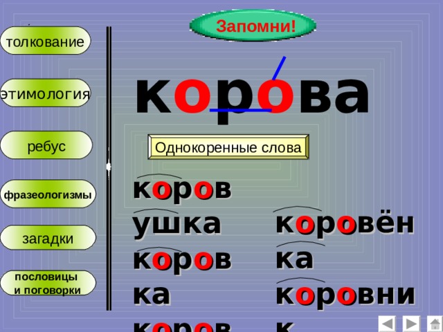 Запомни! :  толкование к о р о ва этимология ребус Однокоренные слова к о р о вушка к о р о вка к о р о вий фразеологизмы к о р о вёнка к о р о вник к о р о вье загадки пословицы и поговорки 