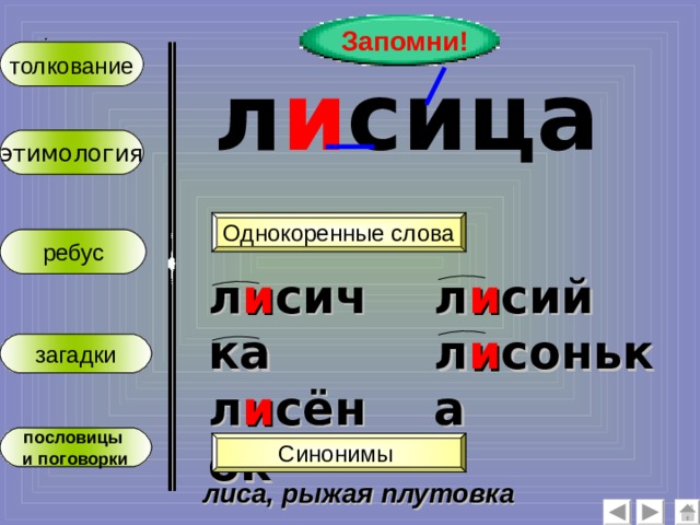 Запомни! :  толкование л и сица этимология Однокоренные слова ребус л и сичка л и сёнок  л и сий л и сонька загадки пословицы и поговорки Синонимы лиса, рыжая плутовка 