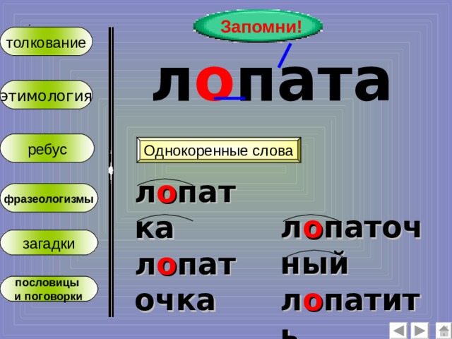 Запомни! :  толкование л о пата этимология ребус Однокоренные слова л о патка л о паточка фразеологизмы л о паточный л о патить загадки пословицы и поговорки  