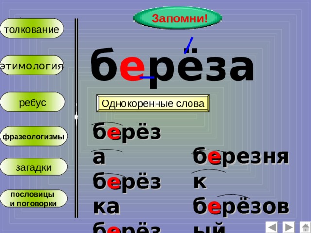 Запомни! :  толкование б е рёза этимология ребус Однокоренные слова б е рёза б е рёзка б е рёзонька фразеологизмы б е резняк б е рёзовый подб е рёзовик загадки пословицы и поговорки 