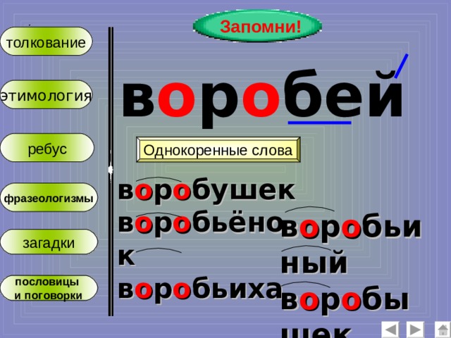 Запомни! :  толкование в о р о бей этимология ребус Однокоренные слова в о р о бушек в о р о бьёнок в о р о бьиха фразеологизмы в о р о бьиный в о р о бышек в о р о бьишко загадки пословицы и поговорки 
