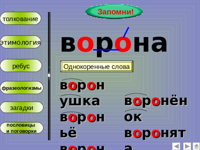 Запомни! :  толкование в о р о на этимология ребус Однокоренные слова в о р о нушка в о р о ньё в о р о ний фразеологизмы в о р о нёнок в о р о нята загадки пословицы и поговорки 