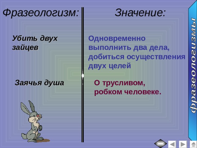 Фразеологизм: Значение: :  Убить двух зайцев Одновременно выполнить два дела, добиться осуществления двух целей Заячья душа О трусливом, робком человеке. 