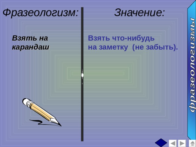 Фразеологизм: Значение: :  Взять на карандаш Взять что-нибудь на заметку (не забыть). 