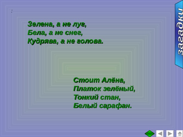 :  Зелена, а не луг, Бела, а не снег, Кудрява, а не голова. Стоит Алёна, Платок зелёный, Тонкий стан, Белый сарафан. 
