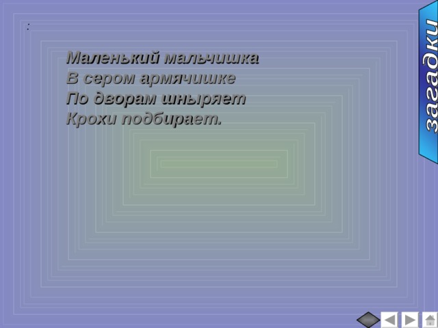 :  Маленький мальчишка В сером армячишке По дворам шныряет Крохи подбирает. 