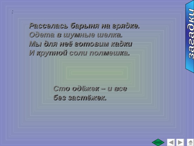 :  Расселась барыня на грядке. Одета в шумные шелка. Мы для неё готовим кадки И крупной соли полмешка. Сто одёжек – и все без застёжек. 