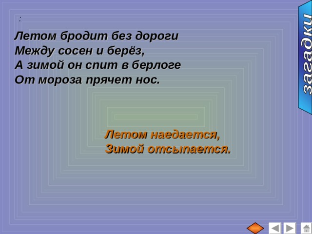 :  Летом бродит без дороги Между сосен и берёз, А зимой он спит в берлоге От мороза прячет нос. Летом наедается, Зимой отсыпается. 
