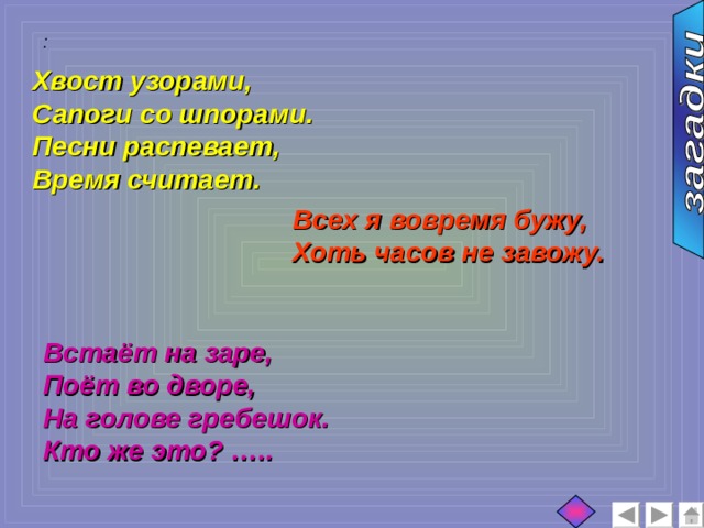 :  Хвост узорами, Сапоги со шпорами. Песни распевает, Время считает. Всех я вовремя бужу, Хоть часов не завожу. Встаёт на заре, Поёт во дворе, На голове гребешок. Кто же это? ….. 