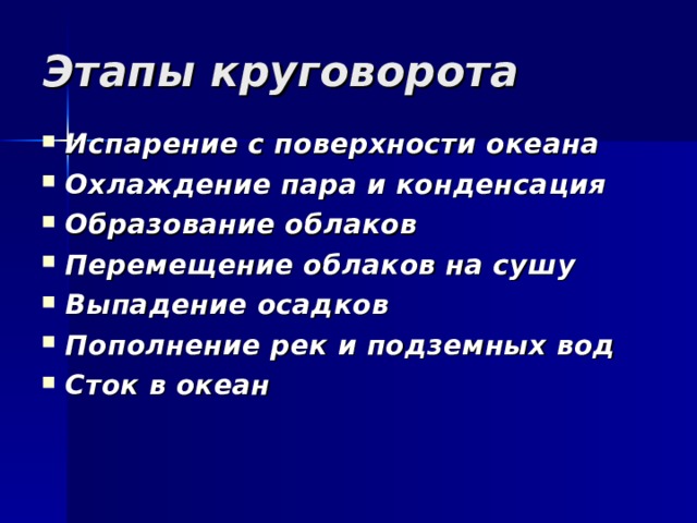 Этапы круговорота Испарение с поверхности океана Охлаждение пара и конденсация Образование облаков Перемещение облаков на сушу Выпадение осадков Пополнение рек и подземных вод Сток в океан 