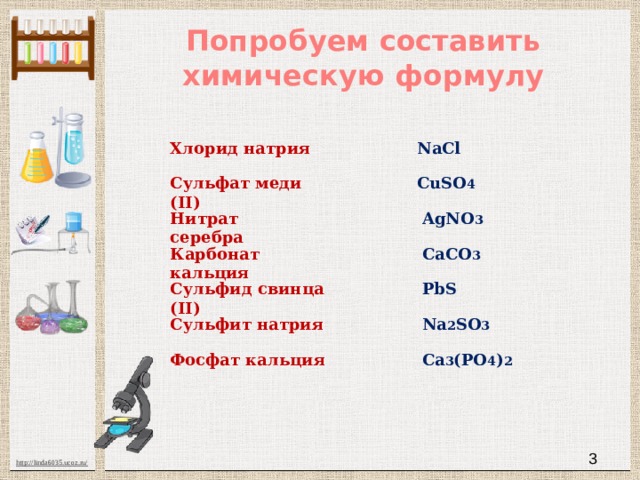 Попробуем составить химическую формулу Хлорид натрия NaCl Сульфат меди (II) CuSO 4 Нитрат серебра AgNO 3 Карбонат кальция CaCO 3 Сульфид свинца (II) PbS Сульфит натрия Na 2 SO 3 Фосфат кальция Ca 3 (PO 4 ) 2  