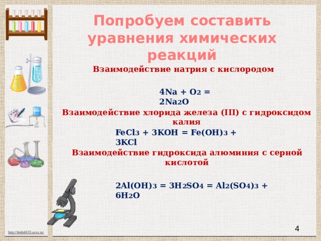 Попробуем составить уравнения химических реакций Взаимодействие натрия с кислородом 4Na + O 2 = 2Na 2 O Взаимодействие хлорида железа (III) с гидроксидом калия FeCl 3 + 3KOH = Fe(OH) 3 + 3KCl Взаимодействие гидроксида алюминия с серной кислотой 2Al(OH) 3 = 3H 2 SO 4 = Al 2 (SO 4 ) 3 + 6H 2 O  