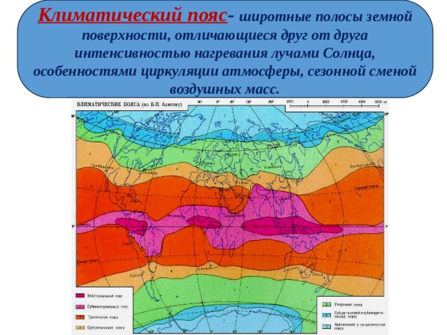 Климатический пояс - широтные полосы земной поверхности, отличающиеся друг от друга интенсивностью нагревания лучами Солнца, особенностями циркуляции атмосферы, сезонной сменой воздушных масс. 