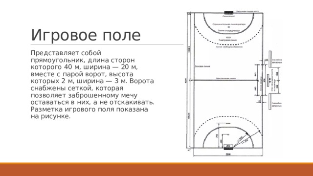 Игровое поле Представляет собой прямоугольник, длина сторон которого 40 м, ширина — 20 м, вместе с парой ворот, высота которых 2 м, ширина — 3 м. Ворота снабжены сеткой, которая позволяет заброшенному мечу оставаться в них, а не отскакивать. Разметка игрового поля показана на рисунке. 