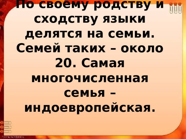 По своему родству и сходству языки делятся на семьи. Семей таких – около 20. Самая многочисленная семья – индоевропейская. 