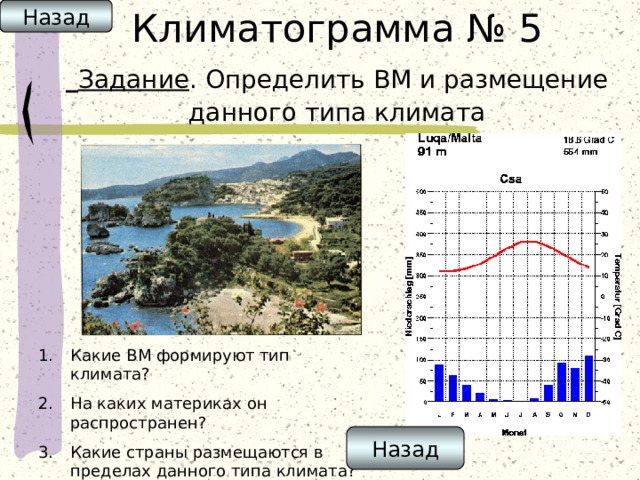 Назад Климатограмма № 5   Задание . Определить ВМ и размещение данного типа климата Какие ВМ формируют тип климата? На каких материках он распространен? Какие страны размещаются в пределах данного типа климата? Назад 